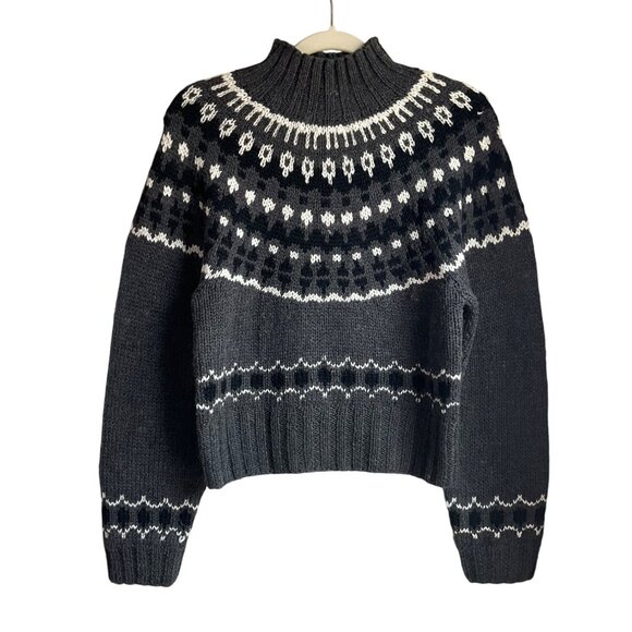 Vintage Moda Intl Medium Fair Isle Knit Crop Sweater Black Gray Wool Bl Chunky - Picture 1 of 7
